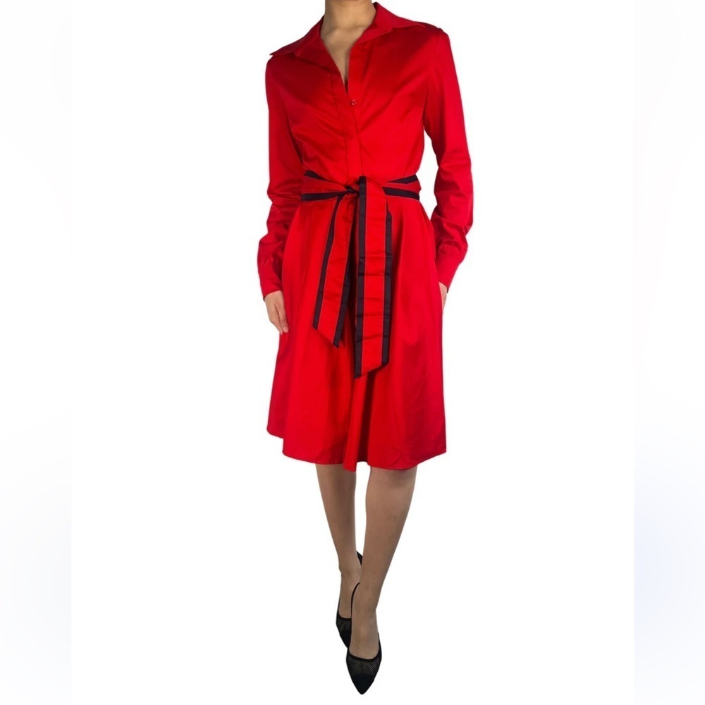 EL GANSO made in Portugal shirt dress pockets self tying belt cotton red size 8